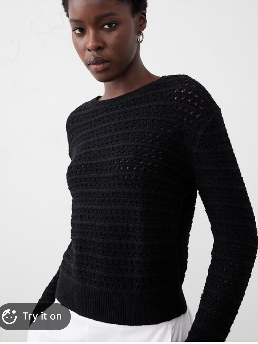 Banana Republic Black Open Knit Crew Neck Cotton Linen Blend Sweater‎ Large